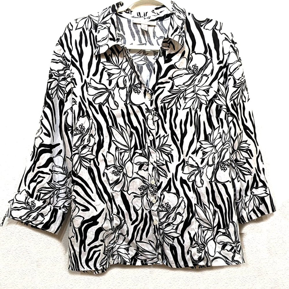 JM Collection Linen Blouse 16 White Black Floral Zebra Print 3/4 Sleeve Top